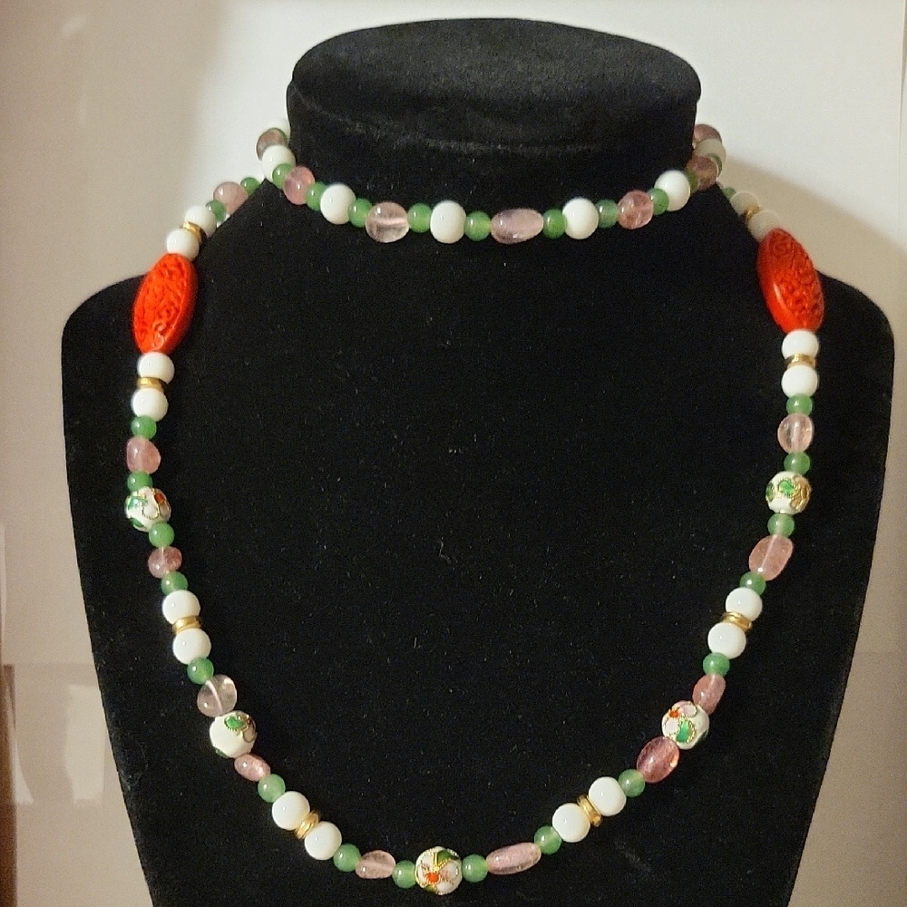 "The Empress"; Handmade Semi-Precious Stone, Cinnabar & Cloisonné Necklace